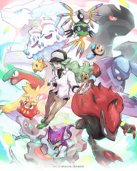 1boy archeops bangle black_hat bracelet brown_pants carracosta commentary creatures_(company) darumaka game_freak gen_5_pokemon green_footwear green_hair hat highres jewelry joltik kelvin-trainerk klinklang legendary_pokemon long_hair male_focus n_(pokemon) necklace nintendo open_mouth pants pokemon pokemon_(creature) pokemon_bw purrloin reshiram shirt shoes sigilyph smile twitter_username tympole undershirt vanilluxe white_shirt zekrom zoroark