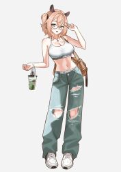 Rule 34 | 1girl, alternate costume, animal ears, breasts, brown bag, brown hair, cleavage, commentary, commentary request, drink, english commentary, full body, glasses, green eyes, hand up, highres, indie virtual youtuber, jewelry, large breasts, looking at viewer, midriff, navel, necklace, nimi nightmare, open mouth, pants, seekorplatypus, semi-rimless eyewear, shoes, simple background, smile, solo, sports bra, standing, tachi-e, tapir ears, tapir girl, torn clothes, torn pants, under-rim eyewear, v, virtual youtuber, white background, white shoes, white sports bra
