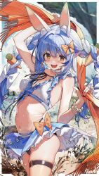 1girl :d absurdres alternate_costume animal_ear_fluff animal_ears arm_up bead_bracelet beads bikini bikini_skirt black_bikini blue_bikini blue_hair blue_skirt blush border bow bracelet braid breasts carrot_hair_ornament cleavage commentary_request food-themed_hair_ornament frilled_bikini frills hair_bow hair_ornament hand_up haruhina_purple highleg highleg_bikini highres hikimayu holding holding_unworn_clothes holding_unworn_scarf hololive jewelry long_hair looking_at_viewer multicolored_hair navel o-ring o-ring_thigh_strap open_mouth orange_bow orange_eyes rabbit-shaped_pupils rabbit_ears rabbit_girl ribbed_bikini scarf short_eyebrows sidelocks skirt small_breasts smile solo stomach swimsuit symbol-shaped_pupils thick_eyebrows thigh_strap twin_braids two-tone_hair unworn_scarf usada_pekora virtual_youtuber white_background white_bikini white_border white_hair