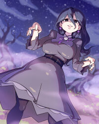 1girl bare_tree black_eyes black_hair breasts dress earrings fluffysukiart grey_dress hair_between_eyes hex_maniac_(pokemon) hex_maniac_(pokemon_legends:_z-a) jewelry large_breasts long_hair looking_at_viewer night night_sky nintendo pantyhose pokemon pokemon_legends:_z-a sky smile solo tree