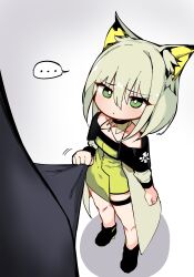 ... 1girl absurdres age_regression aged_down animal_ears arknights black_boots blush boots cat_ears chibi collar collarbone criss-cross_halter detached_collar doctor_(arknights) dress flat_chest green_collar green_dress green_eyes green_hair grey_background hair_between_eyes halterneck highres kal&#039;tsit_(arknights) kinbakuman looking_at_viewer off-shoulder_dress off_shoulder shadow shirt_tug short_hair simple_background solo_focus speech_bubble spoken_ellipsis star_of_life thigh_strap