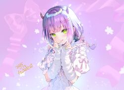 Rule 34 | 1girl, :p, alternate costume, blush, braid, center-flap bangs, closed mouth, commentary, congratulations, cross-laced clothes, cross-laced dress, dated, demon girl, demon horns, detached sleeves, double-parted bangs, dress, dress ribbon, eyelashes, eyes visible through hair, fingernails, flower, green eyes, green nails, hair flower, hair ornament, hair ribbon, hairpin, hashtag-only commentary, head tilt, highres, holding, holding string of flags, hololive, horns, kintotomaturi, long hair, looking at viewer, low-tied long hair, low twin braids, multiple hairpins, own hands together, pennant, pink ribbon, pinky out, purple background, purple hair, purple horns, ribbon, signature, sleeves past wrists, smile, solo, string of flags, tokoyami towa, tongue, tongue out, twin braids, upper body, virtual youtuber, w arms, white dress, white flower, white ribbon, white sleeves