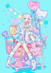 Rule 34 | 1girl, :q, animal balloon, aqua background, aqua dress, arrow through heart, bag of chips, balloon, between legs, blue bow, blue dress, blue eyes, blue hair, blue ribbon, blunt bangs, blush, bow, bowtie, box, braid, braided hair rings, bright pupils, buckle, candy hair ornament, cat ear-shaped hair, commentary, cross-laced clothes, cross-laced dress, detergent, dress, english commentary, food, food-themed hair ornament, footwear bow, frilled dress, frilled pillow, frilled wrist cuffs, frills, fruit, full body, hair ornament, hair ribbon, hair rings, hand between legs, heart, heart-shaped buckle, heart-shaped pupils, heart background, heart balloon, heterochromia, highres, holding, holding food, holding ice cream, ice cream, ice cream cone, jar, knees together feet apart, leg warmers, long hair, looking at viewer, macaron, multicolored dress, multicolored hair, original, pastel colors, peter pan collar, pillow, pinafore dress, pink bow, pink bowtie, pink dress, pink eyes, pink hair, pink shoes, platform shoes, popcorn, puffy short sleeves, puffy sleeves, ribbon, sarasakuna, shirt, shoes, shopping cart, short dress, short sleeves, sitting, sleeveless, sleeveless dress, solo, split-color hair, strawberry, strawberry slice, string of flags, symbol-shaped pupils, thigh strap, tongue, tongue out, white leg warmers, white pupils, white shirt, white wrist cuffs, wrist cuffs, yellow dress, yellow ribbon