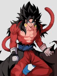 Rule 34 | black hair, blue eyes, blue sash, body fur, closed mouth, dougi, dragon ball, earrings, gloves, highres, jewelry, long hair, male focus, monkey boy, monkey tail, muscular, muscular male, no nipples, pants, pectorals, potara earrings, red fur, saiyan, sash, spiked hair, super saiyan, super saiyan 4, tail, tsuki 0960, vegetto, vegetto (xeno)