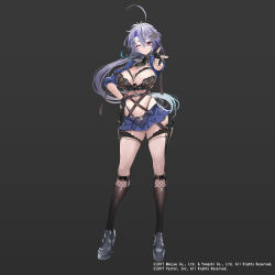 1girl azur_lane black_background black_footwear black_gloves black_socks blue_hair blue_skirt breasts closed_mouth commentary_request fingerless_gloves foch_(azur_lane) full_body gloves hair_ornament hand_on_own_hip highres kneehighs large_breasts long_hair long_sleeves looking_at_viewer merchandise_available microskirt official_art one_eye_closed pointing pointing_at_viewer purple_eyes simple_background skirt socks solo standing teddypocky thighs