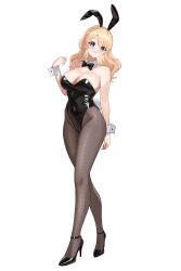 Rule 34 | 1girl, absurdres, animal ears, black bow, black bowtie, black leotard, black pantyhose, black shoes, blonde hair, blue eyes, blush, bow, bowtie, braid, breasts, cleavage, closed mouth, commentary request, commission, covered navel, crown braid, detached collar, fake animal ears, fake tail, fishnet pantyhose, fishnets, full body, gher5, hand up, high heels, highleg, highleg leotard, highres, large breasts, leotard, long hair, looking at viewer, original, pantyhose, parted bangs, pixiv commission, playboy bunny, rabbit ears, rabbit tail, shiny clothes, shiny skin, shoes, simple background, smile, solo, standing, strapless, strapless leotard, strappy heels, tail, white background, white wrist cuffs, wrist cuffs