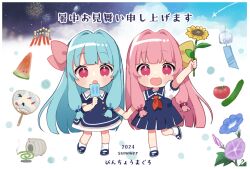 2024 2girls :d :o artist_name binchou_maguro blue_dress blue_hair blue_sailor_collar blue_shoes blunt_bangs commentary_request cucumber dress flower food fruit full_body hair_ribbon holding holding_flower holding_food holding_hands holding_popsicle kotonoha_akane kotonoha_aoi long_hair looking_at_viewer mosquito_coil multiple_girls open_mouth pink_eyes pink_hair pink_ribbon popsicle puffy_short_sleeves puffy_sleeves ribbon sailor_collar shoes short_sleeves sidelocks smile socks standing standing_on_one_leg sunflower tomato translation_request voiceroid watermelon watermelon_slice white_sailor_collar white_socks