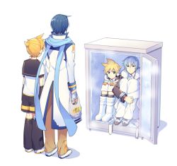 4boys asymmetrical_sleeves bag blank_stare blonde_hair blue_eyes blue_hair blue_scarf boots coat commentary dual_persona from_behind full_body fur-trimmed_coat fur_trim hands_on_own_knees high_collar holding holding_bag hugging_own_legs in_container in_refrigerator kagamine_len kagamine_len_(ice_fog) kaito_(diamond_dust)_(vocaloid) kaito_(vocaloid) long_scarf male_focus multiple_boys pants ponytail refrigerator sailor_collar scarf short_hair shorts sinaooo sitting standing uneven_sleeves vocaloid white_background wide_shot winter_clothes winter_coat