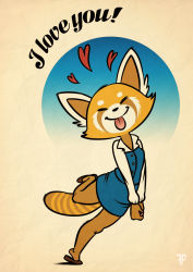 1girl ^_^ absurdres aggressive_retsuko animal_ears artist_name blue_skirt blue_vest body_fur breasts brown_fur brown_shoes buttons closed_eyes closed_mouth collared_shirt english_text facing_viewer female_focus fox-pop_vli furry furry_female happy heart highres leaning_to_the_side leg_up long_sleeves miniskirt multicolored_fur office_lady own_hands_together panda_ears panda_girl panda_tail pencil_skirt retsuko shirt shoes skirt small_breasts smile solo standing standing_on_one_leg striped_tail tail tongue tongue_out v_arms vest watermark white_fur white_shirt yellow_fur