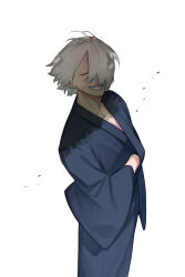 1boy blue_kimono closed_mouth cowboy_shot facing_viewer floating_hair gegege_no_kitarou grey_hair grin highres japanese_clothes kimono long_sleeves male_focus medama_oyaji medama_oyaji_(human) short_hair simple_background smile solo standing white_background wide_sleeves zzb_azz