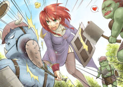 Rule 34 | 2boys, 2girls, :d, axe, blue skin, blue sky, breasts, colored skin, commentary request, cross, cross necklace, day, dress, fake horns, feet out of frame, female orc, garter straps, green eyes, green skin, grey thighhighs, heart, helmet, high orc (ragnarok online), hitting, holding, holding axe, holding mace, holding shield, holding weapon, horned helmet, horns, jewelry, juliet sleeves, long sleeves, looking at another, mace, medium breasts, micoto, multiple boys, multiple girls, necklace, open mouth, orc, orc lady (ragnarok online), orc warrior (ragnarok online), outdoors, priest (ragnarok online), puffy sleeves, purple dress, ragnarok online, red eyes, red hair, shield, short hair, side slit, sky, smile, spoken heart, thighhighs, tusks, v-shaped eyebrows, weapon