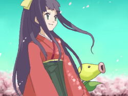 Rule 34 | 1girl, bellsprout, blue eyes, gen 1 pokemon, hair blowing, hair ribbon, hakama, hime cut, japanese clothes, jeanette fisher, kimono, long hair, meiji schoolgirl uniform, nintendo, obi, oekaki, pokemon, pokemon (anime), pokemon (classic anime), pokemon ep077, purple hair, ribbon, sakura petals, sakura tree, sash, smile, very long hair
