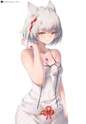 1girl absurdres animal_ear_fluff animal_ears artist_name bare_shoulders breasts camisole cat_ears cat_girl chest_jewel chinese_knot closed_mouth collarbone commentary fingerless_gloves gloves grey_hair hand_in_pocket highres looking_at_viewer mio_(xenoblade) riro_(breakthrough_rr) short_hair simple_background skirt small_breasts solo twitter_x_logo white_background white_camisole white_gloves white_skirt xenoblade_chronicles_(series) xenoblade_chronicles_3 yellow_eyes
