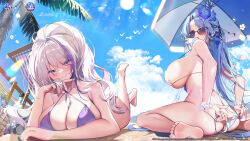 Rule 34 | 2girls, alsace (azur lane), alsace (heat beating summer sacrament) (azur lane), ass, azur lane, barefoot, beach, beach chair, beach umbrella, bikini, blue eyes, blue flower, blue hair, blue sky, blush, bracelet, breasts, butt crack, cleavage, closed mouth, cloud, cloudy sky, commentary, curtained hair, day, english commentary, flower, flower bracelet, food, food in mouth, foot out of frame, full body, grey hair, hair flower, hair ornament, hand in own hair, highres, holding, holding swimsuit, holding unworn clothes, jewelry, kanola u, large breasts, lens flare, logo, long hair, looking at viewer, looking back, lying, multicolored hair, multiple girls, o-ring, o-ring bikini, official alternate costume, official art, on stomach, open clothes, open mouth, outdoors, palm tree, parted bangs, popsicle, popsicle in mouth, purple-tinted eyewear, purple bikini, purple eyes, purple hair, second-party source, sideboob, sitting, sky, smile, soles, streaked hair, string bikini, sun, sunglasses, sunlight, swimsuit, tinted eyewear, tree, two-tone hair, umbrella, untied bikini, unworn swimsuit, unzen (azur lane), unzen (sojourn through clear seas) (azur lane), very long hair, wariza, watermark, white bikini