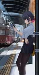 1girl absurdres black_collar black_hair black_pantyhose black_skirt breasts cable_car cellphone collar collared_shirt colored_inner_hair earphones ellen_joe expressionless hair_ornament highres holding holding_phone large_breasts leaning_on_object long_sleeves looking_at_phone mole mole_under_eye multicolored_hair no_tail original overhead_line pantyhose phone pleated_skirt power_lines profile qingmui_gui red_hair red_nails school_uniform shirt short_hair skirt sleeves_rolled_up smartphone solo train_station train_station_platform white_shirt x_hair_ornament zenless_zone_zero
