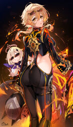 2girls ass back biker_clothes bikesuit black_bodysuit black_gloves black_jacket blonde_hair blush bodysuit breasts cosplay cropped_jacket earrings fire genshin_impact gloves gold_trim helmet highres hip_vent hirai_yuzuki jacket jewelry large_breasts long_sleeves looking_at_viewer looking_back lumine_(genshin_impact) mavuika_(genshin_impact) mavuika_(genshin_impact)_(cosplay) medium_hair motor_vehicle motorcycle motorcycle_helmet multiple_girls paimon_(genshin_impact) sidelocks sunglasses thighs white_hair yellow_eyes