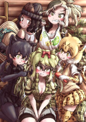 5girls :&lt; :q animal_ears animal_print bare_arms beanie behind_another black_hair black_leopard_(kemono_friends) blonde_hair blush bow breasts brushing_another&#039;s_hair brushing_hair c: camisole cleavage closed_mouth collared_vest comb crocodilian_tail elbow_gloves extra_ears fang fang_out glasses gloves green_eyes green_hair grin hair_between_eyes hair_bow hairdressing hat high_ponytail highres holding holding_comb holding_unworn_clothes indoors jacket kemono_friends kemono_friends_3 kneeling leopard_(kemono_friends) leopard_ears leopard_girl leopard_print leopard_tail long_hair long_sleeves looking_at_another medium_breasts medium_hair miniskirt multicolored_hair multiple_girls necktie orange_eyes pantyhose pleated_skirt ponytail print_gloves print_necktie print_skirt print_thighhighs saltwater_crocodile_(kemono_friends) shirt short_sleeves sitting skin_fang skirt smile spectacled_caiman_(kemono_friends) sweater_vest tail tan teriiman thighhighs tongue tongue_out unzipped v_arms vest western_lowland_gorilla_(kemono_friends) white_hair yellow_eyes zettai_ryouiki zipper zipper_pull_tab