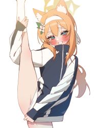 1girl absurdres agnamore animal_ear_fluff animal_ears black_jacket blue_archive blue_eyes blush cat_ears flower grin hair_flower hair_ornament hairband halo highres jacket jacket_tug long_hair looking_at_viewer mari_(blue_archive) mari_(track)_(blue_archive) multicolored_jacket orange_hair simple_background sleeves_past_wrists smile socks solo split standing standing_on_one_leg standing_split track_jacket two-tone_jacket white_background white_flower white_hairband white_jacket white_socks yellow_halo