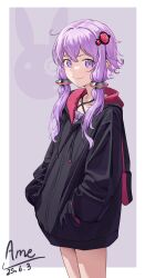 1girl absurdres amely_elden artist_name baggy_clothes criss-cross_halter dated hair_ornament halterneck hands_in_pockets highres hood hoodie long_hair long_sleeves purple_eyes purple_hair short_hair_with_long_locks smile solo voiceroid yuzuki_yukari