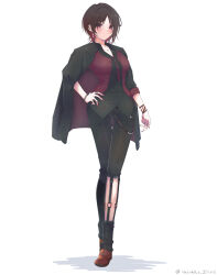 1girl absurdres black_coat black_hair black_pants blush brown_shoes closed_mouth coat commentary_request ear_piercing earrings full_body gradient_hair hachimitsu_shitate highres jewelry kisaragi_ren_(vtuber) looking_at_viewer multicolored_hair necklace open_clothes open_coat pants piercing red_eyes red_hair red_nails ring shirt shoes solo standing twitter_username two-tone_hair virtual_youtuber vspo! white_background