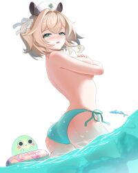 1girl absurdres alternate_costume animal_ears aqua_bikini ass bikini bikini_bottom_only blush breast_press breasts brown_hair commentary covering_breasts covering_privates crossed_bangs curvy eyelashes fingernails fish from_behind furrowed_brow green_eyes hair_intakes hair_ribbon hat highres indie_virtual_youtuber large_breasts looking_at_viewer median_furrow medium_hair naplings_(nimi_nightmare) nimi_nightmare nurse_cap one_side_up open_mouth ribbon seekorplatypus side-tie_bikini_bottom solo swim_ring swimsuit tapir_ears tapir_girl tearing_up topless_female unworn_bikini_top virtual_youtuber wading water wet white_background