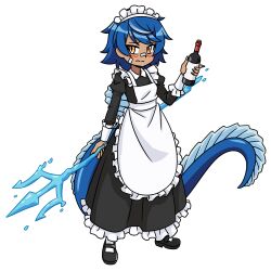 1girl apron bandage_on_nose bandages blue_hair blush bottle commission commissioner_upload dark-skinned_female dark_skin dinosaur_girl dinosaur_tail embarrassed fingernails maid maid_apron maid_headdress multicolored_hair orange_eyes original otchakun_(artist) polearm robin_injigo sharp_fingernails sharp_teeth short_hair solo spinosaurus tail teeth trident two-tone_hair water weapon white_hair wine_bottle