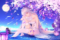 1girl absurdres bare_shoulders blush breasts bug butterfly closed_mouth commentary_request earendel_(jishenkong_jihua) from_side full_moon hair_between_eyes high_heels highres insect jishenkong_jihua large_breasts light_smile long_hair looking_at_viewer looking_to_the_side moon on_water purple_butterfly purple_hair red_eyes shoes shooting_star shou_choujin_juntuan sitting solo thighhighs very_long_hair virtual_youtuber white_shoes white_thighhighs