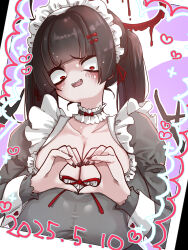 1girl alternate_breast_size alternate_costume bags_under_eyes black_hair black_wings blue_archive blunt_bangs blush breasts choker cleavage collarbone commentary_request dated enmaided fingernails frilled_choker frills halo head_tilt heart heart_hands highres huge_breasts komena_(shinyday312) looking_at_viewer maid maid_day maid_headdress melting_halo nail_polish nervous_smile nervous_sweating photo_(object) red_eyes red_halo smile solo sweat tsurugi_(blue_archive) twintails upper_body wings