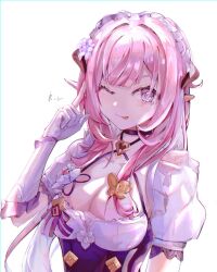 1girl ;p absurdres black_dress blue_eyes breasts butterfly_hair_ornament cleavage commentary dress elbow_gloves elf elysia_(honkai_impact) elysia_(miss_pink)_(honkai_impact) elysia_(miss_pink_elf)_(honkai_impact) english_commentary gloves hair_ornament highres honkai_(series) honkai_impact_3rd large_breasts maid maid_headdress munxnx official_alternate_costume one_eye_closed pink_hair pointy_ears puffy_short_sleeves puffy_sleeves short_sleeves simple_background solo tongue tongue_out upper_body white_background white_gloves