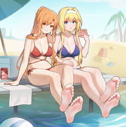 2girls absurdres alice_zuberg asuna_(sao) bare_arms bare_legs barefoot beach bikini blonde_hair blue_bikini blue_eyes breasts brown_eyes brown_hair crossed_legs feet full_body hairband high_ponytail highres holding_hands long_hair looking_at_viewer multiple_girls navel ninai no_shoes ocean open_mouth ponytail red_bikini sand smile soles swimsuit sword_art_online sword_art_online:_alicization sword_art_online:_alicization_-_war_of_underworld towel water wet white_hairband yuri