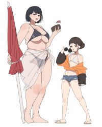 Rule 34 | 2girls, absurdres, bikini, black eyes, black hair, breasts, brown hair, flat chest, gya rb, height difference, highres, jacket, large breasts, looking at viewer, multiple girls, navel, original, parasol, petite, plump, red eyes, sandals, sarong, short hair, shorts, standing, sunglasses, swimsuit, thick thighs, thighs, thong, umbrella