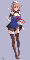 1girl :o ? absurdres artist_name bare_shoulders black_skirt blush breasts brown_eyes brown_hair brown_thighhighs cleavage commentary cosplay dixie_cup_hat elbow_gloves full_body gloves hat headgear highres himeyamato holding kantai_collection large_breasts looking_at_viewer medium_hair military_hat miniskirt name_connection neckerchief no_shoes parted_lips pleated_skirt red_neckerchief richard_p._leary_(kancolle) richard_p._leary_kai_(kancolle) sailor_collar school_uniform serafuku signature simple_background skirt soles solo standing star_(symbol) thighhighs unworn_clothes white_gloves white_hat yuugure_(kancolle) yuugure_(kancolle)_(cosplay)