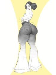1girl ass ass_focus bell-bottoms breasts denim double_bun full_body greyscale greyscale_with_colored_background hair_bun highres jeans monochrome nipples original pants small_breasts solo standing thatmfdiego topless_female two-tone_background white_background yellow_background