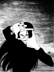 Rule 34 | 1girl, bird, black background, black hair, finger frame, greyscale, highres, horizon, long hair, monochrome, ocean, original, solo, straight-on, tp p pt, traditional media, water