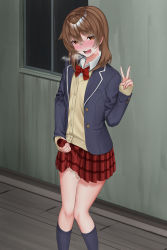 Rule 34 | 1boy, absurdres, after ejaculation, anonymous crossdresser, blue cardigan, blush, bow, bowtie, brown eyes, brown hair, building, bulge, cardigan, clothed masturbation, collared shirt, commentary request, crossdressing, crossdressing (mtf), cum, cum in clothes, cum on body, cum on legs, cum on male, ejaculation under clothes, erection, erection under clothes, feet out of frame, hair between eyes, hand up, heavy breathing, highres, karasu (jjwh2832), legs, looking at viewer, male focus, male masturbation, masturbation, masturbation through clothes, miniskirt, open mouth, original, outdoors, public indecency, public masturbation, red bow, red bowtie, red skirt, school uniform, shirt, skirt, solo, standing, teeth, thighs, trap, v