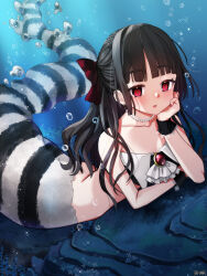 1girl air_bubble bare_shoulders black_hair bow bubble copyright_name dairoku_ryouhei earrings full_body hair_bow halo_sierra highres honoka_(pandatype) jewelry long_hair looking_at_viewer mermaid monster_girl necklace pearl_necklace red_bow red_eyes red_nails solo underwater
