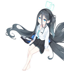 1girl aris_(blue_archive) barefoot black_hair black_jacket black_skirt blue_archive blue_eyes blue_necktie collared_shirt halo highres jacket long_bangs long_hair necktie shirt side_ponytail skirt solo ugaaaa1 very_long_hair white_background white_shirt