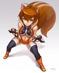 Rule 34 | 1girl, animal ears, arc system works, ass, bare shoulders, belt, black panties, blazblue, boots, breasts, brown eyes, brown hair, female focus, hybridmink, image sample, makoto nanaya, midriff, navel, panties, pixiv sample, resized, solo, squirrel ears, squirrel tail, tail, tonfa, underboob, underwear, weapon