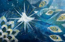 animal_background animal_focus beak bird blue_background blue_theme closed_eyes dove feathers good_night_1077 no_humans original painting_(medium) peacock peacock_feathers ringed_eyes star_(sky) star_(symbol) traditional_media white_feathers yellow_eyes