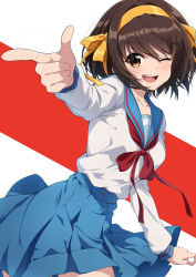 1girl :d belt belt_buckle blue_belt blue_sailor_collar blue_skirt blush breasts brown_hair buckle cowboy_shot finger_gun hair_intakes hair_over_hairband hair_ribbon hairband highres kita_high_school_uniform long_sleeves looking_at_viewer medium_breasts neckerchief nishizuki_shino one_eye_closed open_mouth orange_eyes pleated_skirt red_neckerchief ribbon sailor_collar school_uniform serafuku shirt short_hair skirt smile solo standing suzumiya_haruhi suzumiya_haruhi_no_yuuutsu teeth upper_teeth_only white_background white_shirt winter_uniform yellow_hairband yellow_ribbon