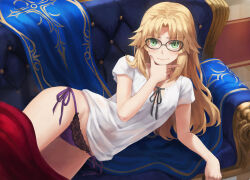 1girl blonde_hair blush breasts couch embarrassed fate/apocrypha fate/grand_order fate_(series) glasses green_eyes hair_down highres long_hair looking_at_viewer lying mordred_(fate) mordred_(fate/apocrypha) on_side panties parted_bangs purple_panties shirt short_sleeves sidelocks small_breasts solo thighs tonee underwear white_shirt