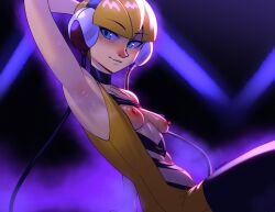 1girl arm_behind_head armpits black_pantyhose blonde_hair blue_eyes blush breasts breasts_out closed_mouth clothes_lift elesa_(pokemon) headphones highres looking_to_the_side nintendo nipples pantyhose playzholder pokemon pokemon_bw presenting_armpit short_hair smile solo sweat