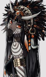 Rule 34 | 1girl, absurdres, animal, animal in mouth, armlet, black hair, bodypaint, dark-skinned female, dark skin, dead animal, eyelashes, feather trim, feathers, from side, grey background, headdress, highres, horns, jewelry, long eyelashes, long hair, looking at viewer, mouse (animal), native american, original, red eyes, simple background, solo, tribal, urkt 10, very dark skin, white background