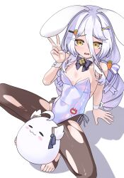 1girl absurdres animal_ears black_bow black_bowtie blush blush_stickers bow bowtie breasts carrot_hair_ornament collar detached_collar food-themed_hair_ornament grey_hair grey_leotard gurumie hair_between_eyes hair_ornament henya_the_genius henya_the_genius_(bunniversary) highres leotard open_mouth pantyhose rabbit_ears shadow small_breasts stirrup_legwear strapless strapless_leotard toeless_legwear torn_clothes torn_pantyhose v virtual_youtuber vshojo white_collar white_wrist_cuffs wrist_cuffs yellow_eyes