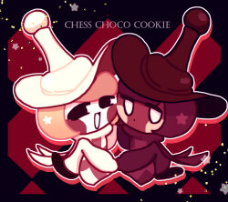 2others :d akibevillage black_border black_eyes blonde_hair bob_cut border brown_hair brown_hat brown_tunic character_name cheek-to-cheek chess_piece closed_mouth colored_skin commentary_request cookie_run cookie_run:_ovenbreak dark_skin dot_mouth hat heads_together highres holding_hands looking_at_viewer multiple_others no_pupils open_mouth other_focus outline pawn_(chess) pawn_black_cookie pawn_white_cookie short_hair siblings simple_background smile star_(symbol) tunic twins white_eyes white_hat white_outline white_skin white_tunic