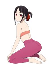 1girl absurdres ass barefoot black_hair coro_fae highres kaguya-sama_wa_kokurasetai_~tensai-tachi_no_renai_zunousen~ orange_tube_top pants red_eyes shinomiya_kaguya sidelocks simple_background solo strapless tube_top white_background yoga_pants