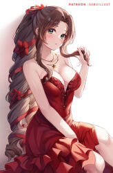 1girl aerith_gainsborough aerith_gainsborough_(red_dress) bare_arms bare_shoulders breasts brown_hair cleavage commentary_request dress final_fantasy final_fantasy_vii forehead green_eyes large_breasts long_hair looking_at_viewer nail_polish parted_lips ponytail red_dress sebu_illust sitting solo strapless strapless_dress very_long_hair wall_market