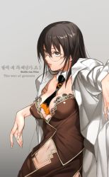 1girl breasts brown_dress brown_eyes brown_hair character_name cleavage coat commentary_request copyright_name dress embla_von_prios glasses grey_background hair_between_eyes k52 korean_commentary korean_text lab_coat lips long_hair looking_away parted_lips simple_background solo translation_request the_war_of_genesis white_coat