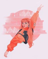 1girl arm_up blackpink blunt_bangs circle closed_mouth commentary cropped_jacket earrings group_name highres jacket jewelry k-pop lisa_(blackpink) long_hair looking_back orange_hair orange_jacket orange_lips orange_nails real_life red_lips sack solo song_name tasiams upper_body v