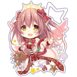 1girl brown_hair chibi dress emil_chronicle_online frills hair_ribbon halo long_hair open_mouth red_dress red_ribbon ribbon star_(symbol) stella_lore thighhighs white_thighhighs wings yellow_eyes yumemiya_subaru